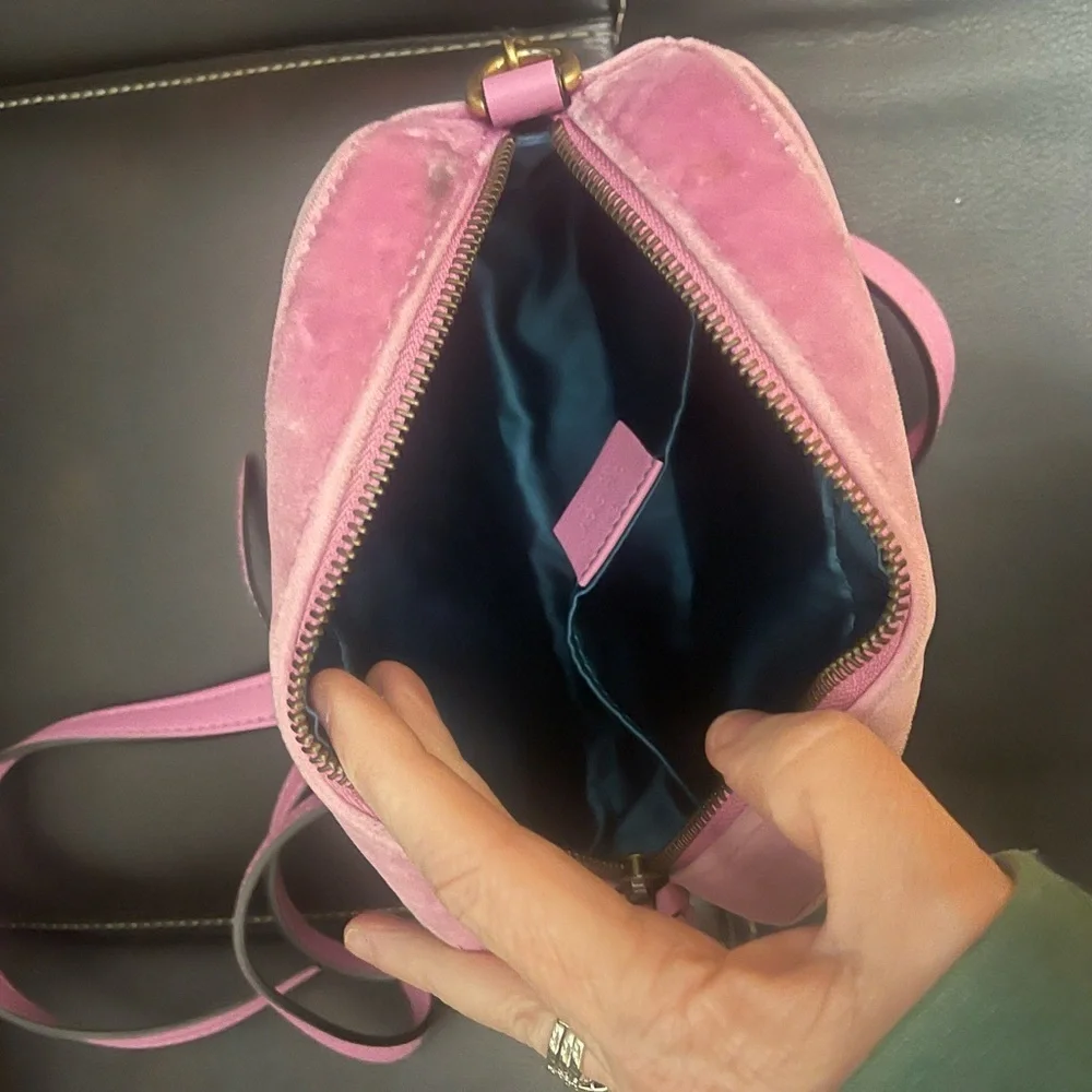 Gucci Pink Velvet Marmont Mini Crossbody Bag with Gold and Crystal Details
